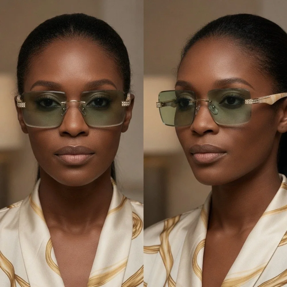 Classic Elegant Sophisticated Modern Women SUNGLASSES Rimless Green Lens Diamond